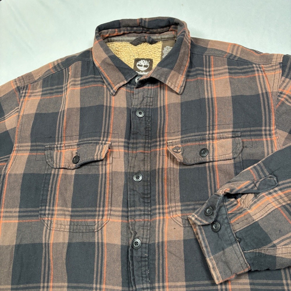 Timberland Shirt Jacket Mens L Brown Plaid Sherpa Lined Flannel Shacket 63075